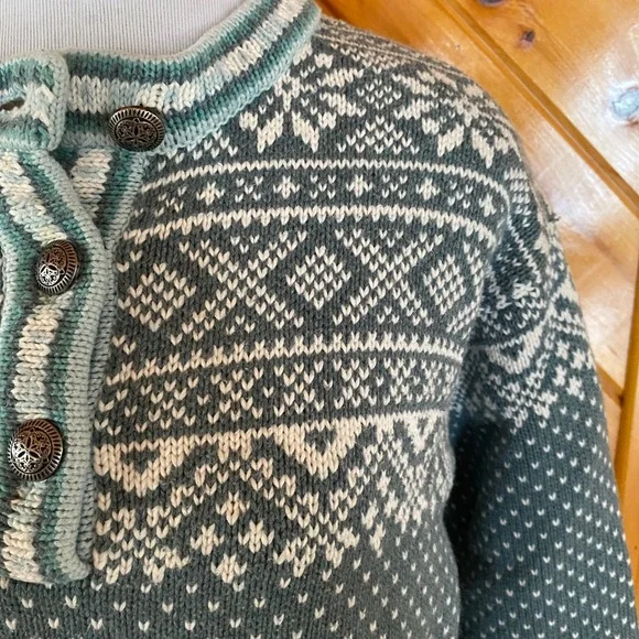 L.L. Bean Women's Fair Isle Knit Cotton Sweater Teal White Vintage Medium - Picture 2 of 8